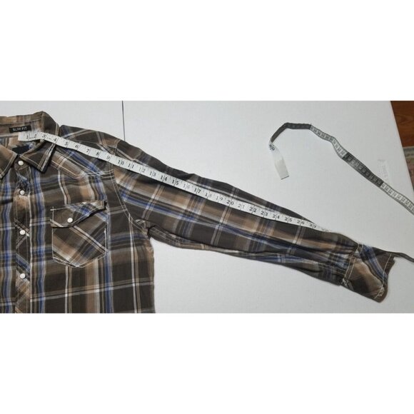Various Artists Long Sleeve Front Snap Brown Plaid Western Shirt Mens M Slim Fit - Picture 9 of 15